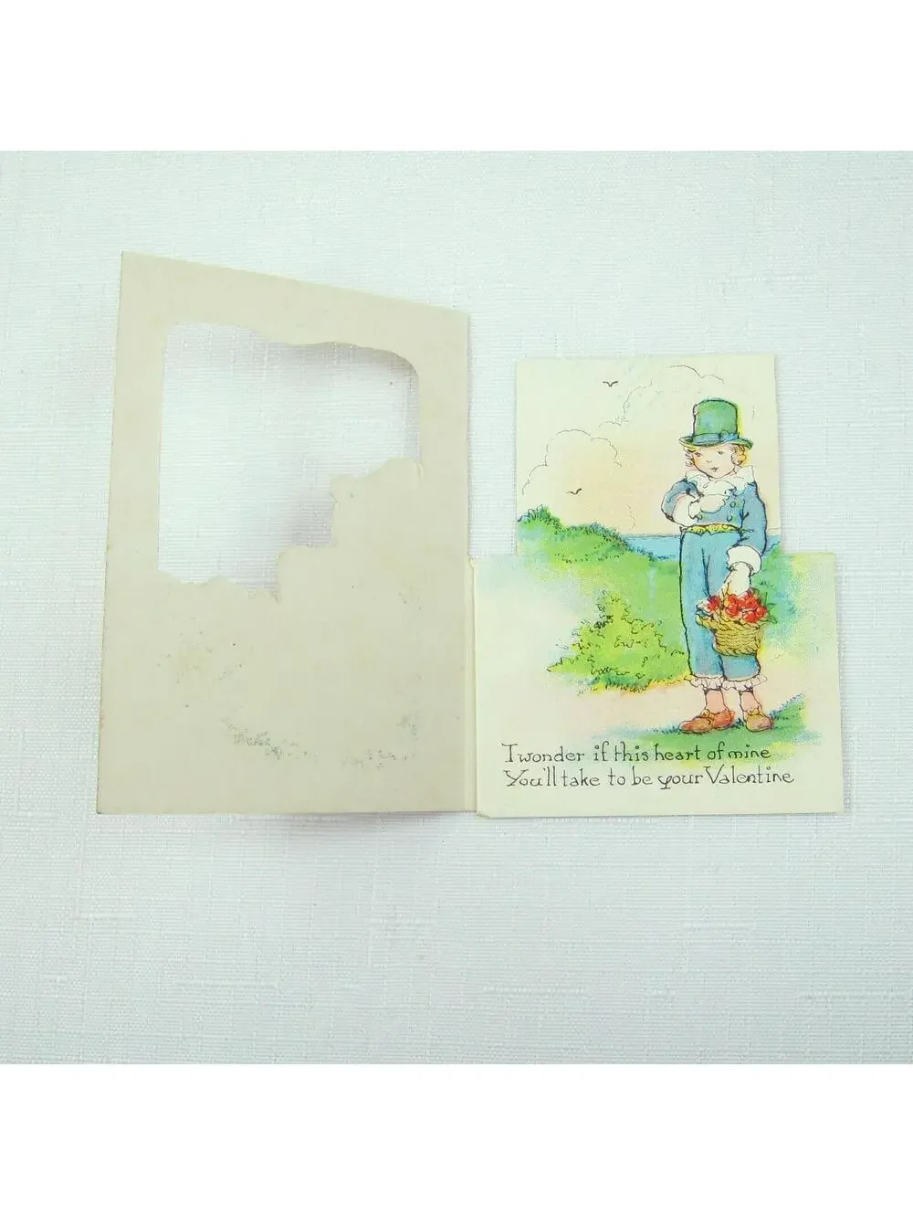 Vintage Valentine Die cut Fold 3D Card Cute Girl & Boy Garden 1920s-30s UNSIGNED